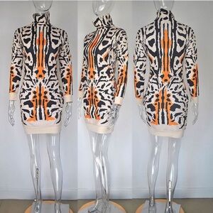 Animal Print Leopard Print Turtleneck Sweater Dress